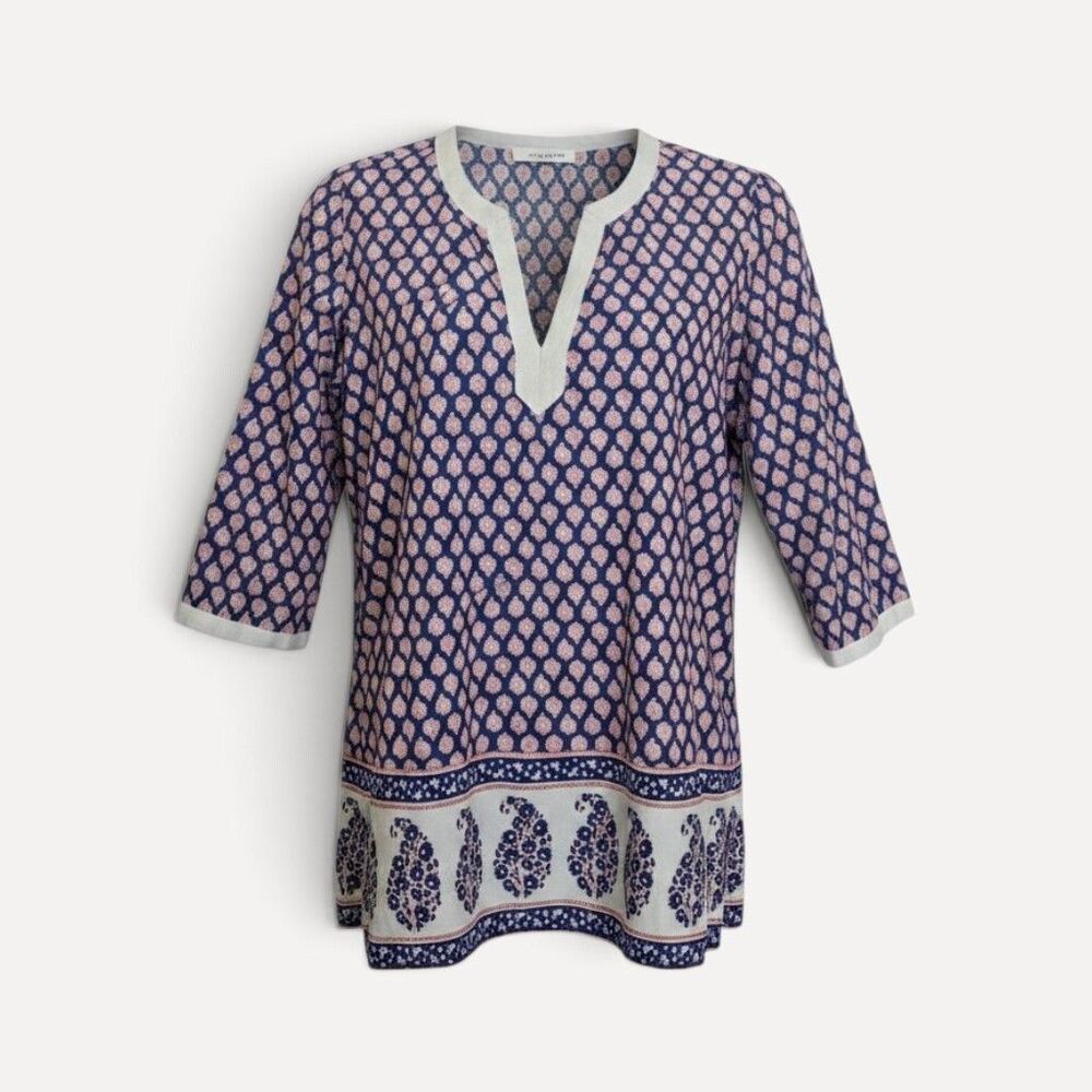 J Crew L Blue Red Paisley Floral Poplin Tunic Cotton Split Neck Boho